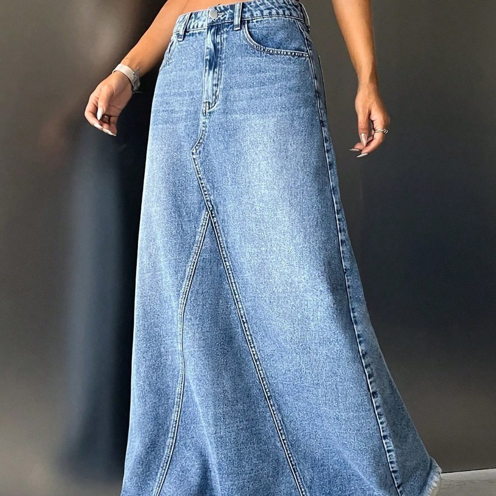 Blue Casual Womens High Waist Raw Hem Maxi Denim Skirt - Picture 2 of 5